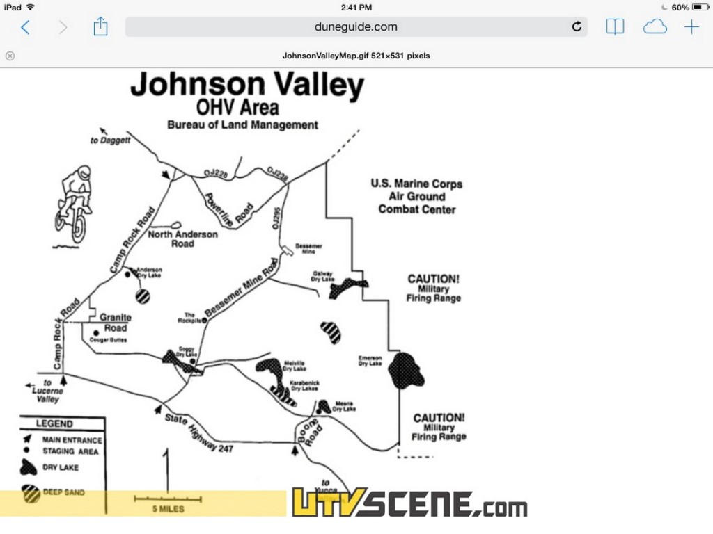 There are three main access points for OHV staging & primitive camping at Johnson Valley. All three of these are RV accessible and located along State Highway 247 between the towns of Lucerne Valley & Yucca Valley. Along the western edge of the OHV area is Camp Rock rd which allows access to the popular areas known as Cougar Buttes & Anderson Dry Lake. Bessemer Mine rd provides access to the middle part of the OHV area including Soggy Dry Lake & Melville Dry Lake.